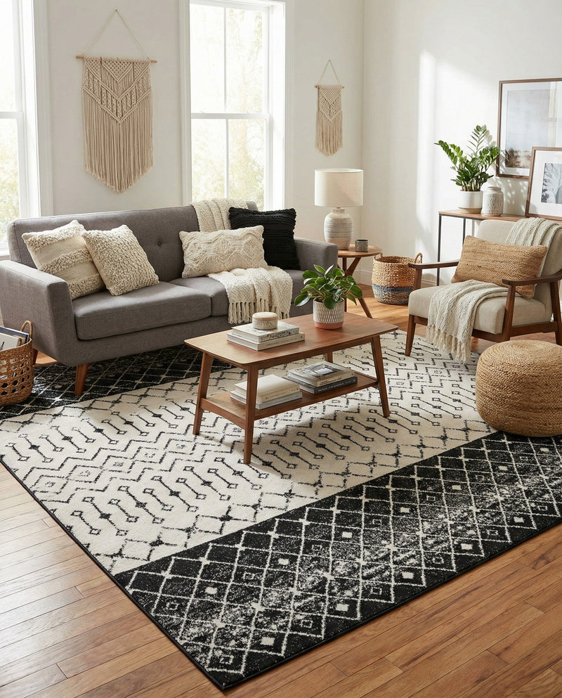 Mediterranean Lattice Collection Area Rug -  Casablanca (Black and White) Rectangle Black and White  lifestyle 12