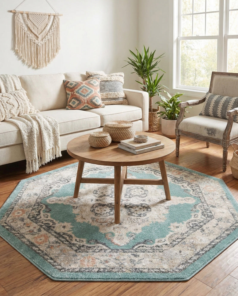 Beverly Grove Collection Area Rug -  Fairfax (Aqua) Octagon Aqua  lifestyle 74