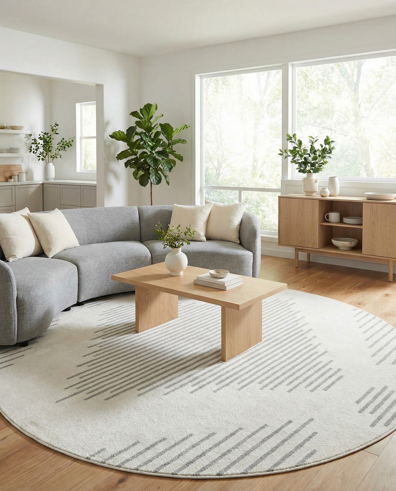 Seychelles Stripes Collection Area Rug - Mahe (Ivory and Gray) Round Ivory and Gray  lifestyle 51