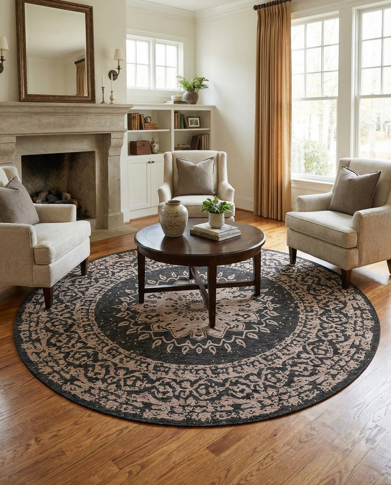 Patio Heritage Collection Area Rug -  Lafayette (Black) Round Black  lifestyle 66