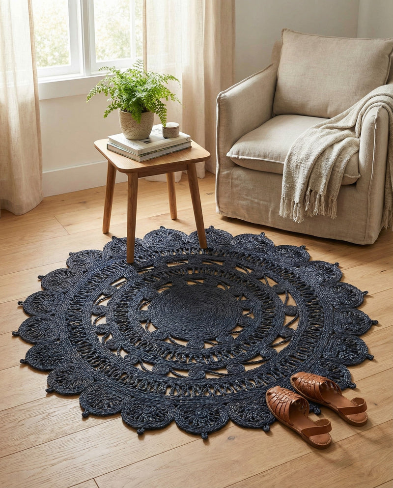 Woven Seaside Jute Collection Area Rug - Coastalhaven (Navy Blue) Round Navy Blue  lifestyle 23