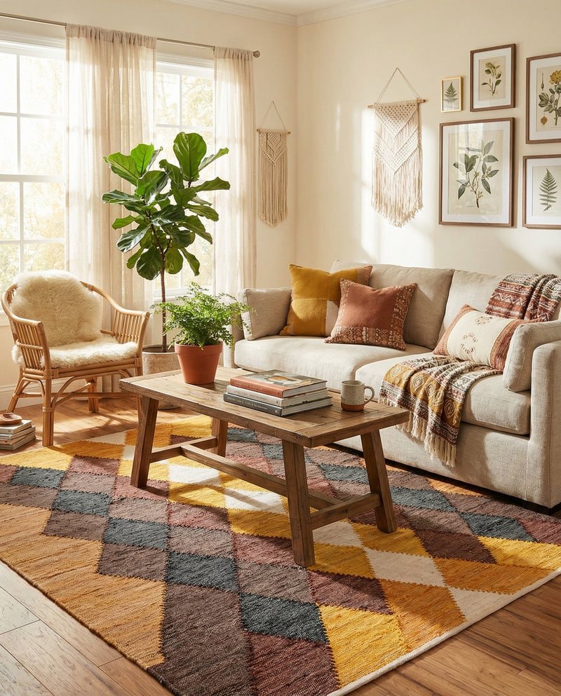 Thar Cotton Collection Area Rug -  Munnar Square Brown Yellow Black  lifestyle 39