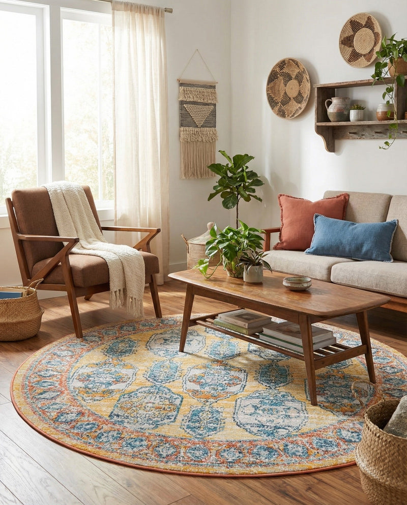 Seville Stripes Collection Area Rug -  Granada (Yellow) Round Yellow  lifestyle 63