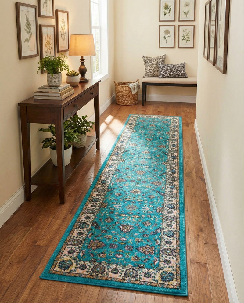Casablanca Tapestry Collection Area Rug -  Marrakech (Arctic Aqua Blue) Runner Arctic Aqua Blue  lifestyle 50