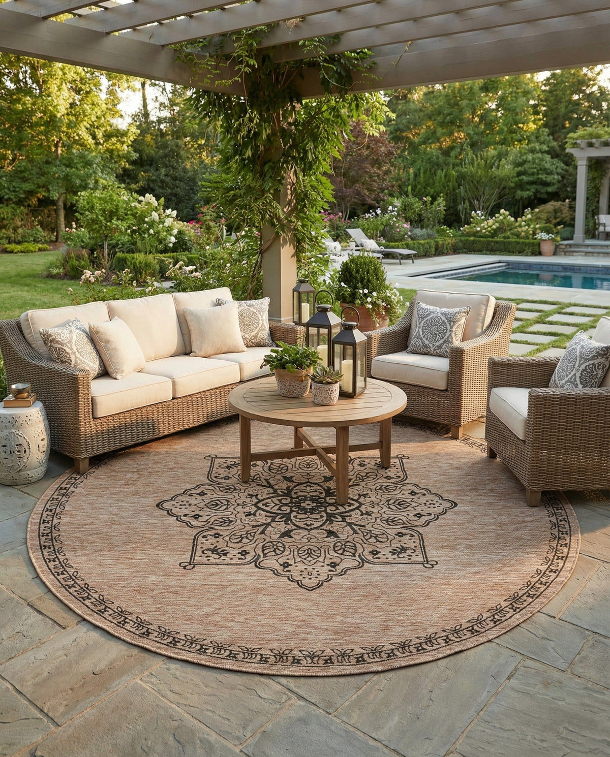 Patio Heritage Collection Area Rug -  Charleston (Beige) Round Beige  lifestyle 65