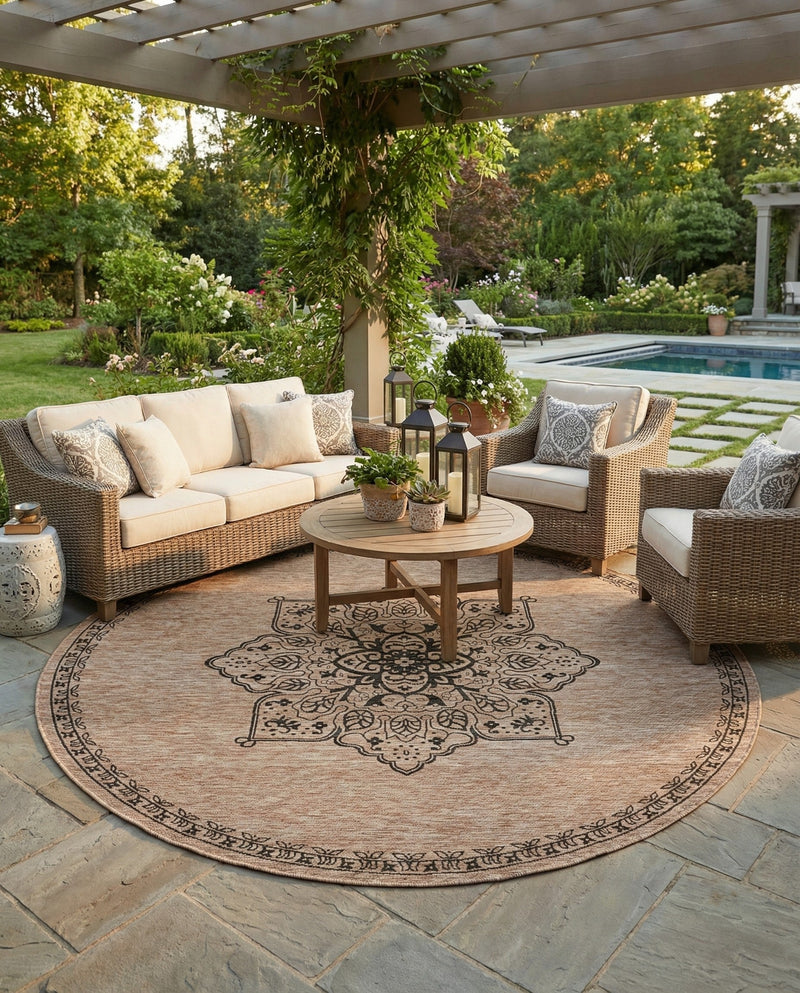 Patio Heritage Collection Area Rug -  Charleston (Beige) Round Beige  lifestyle 65