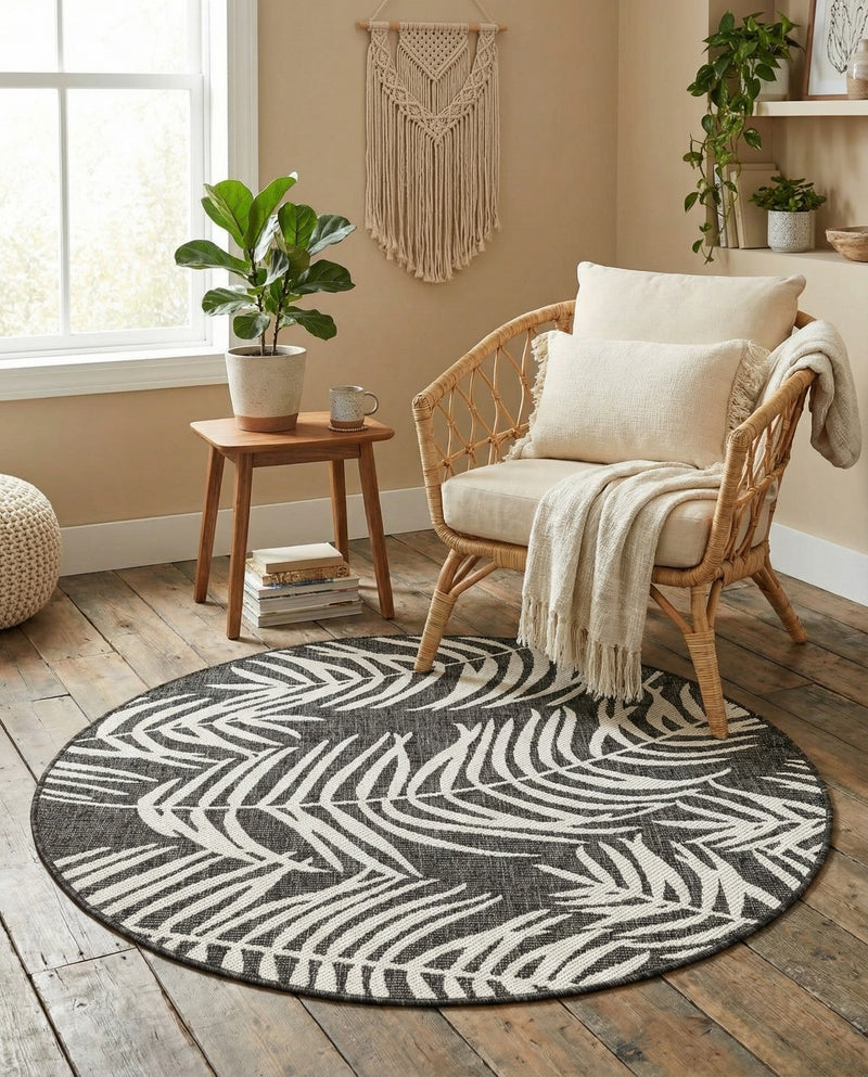 Seaside Blooms Collection Area Rug - Verdure (Charcoal) Round Charcoal  lifestyle 56