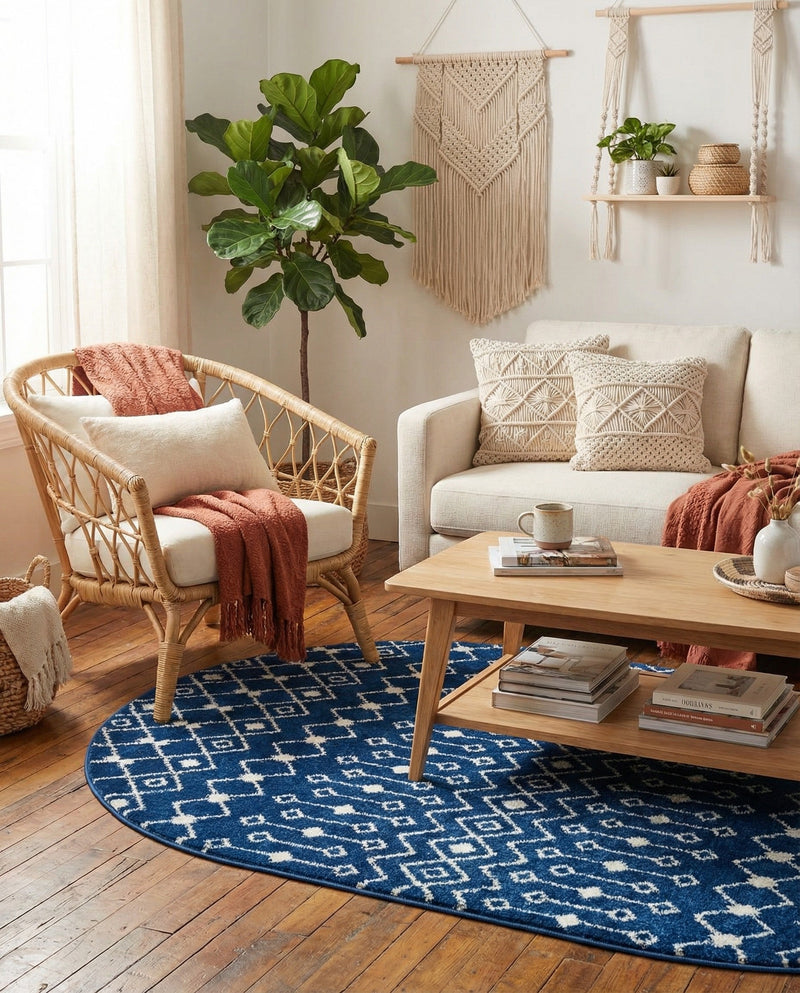 Mediterranean Lattice Collection Area Rug - Santorini (Navy Blue) Oval Navy Blue  lifestyle 28