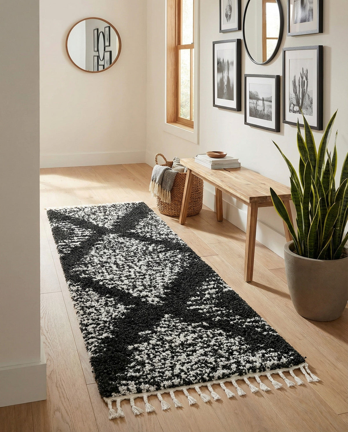 Tranquil Tides Shag Collection Area Rug -  Azure Runner Black and White  lifestyle 160