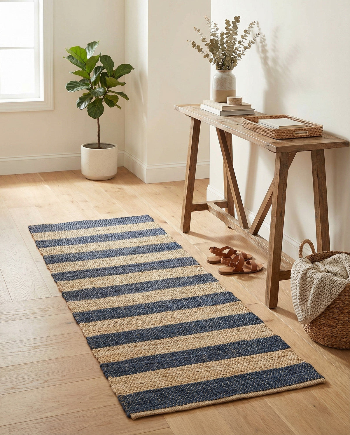 Woven Seaside Jute Collection Area Rug - Nantucket Runner Navy Ivory  lifestyle 138