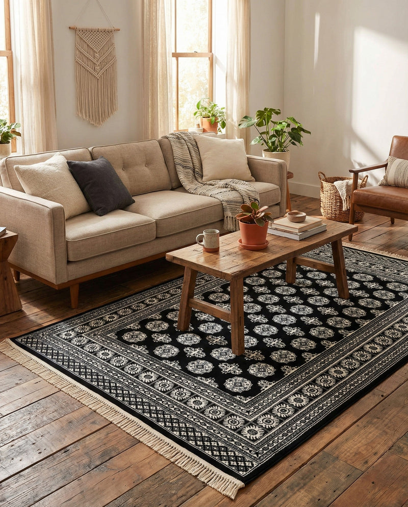Samarkand Elegance Collection Area Rug -  Margilan (Black and White) Rectangle Black and White  lifestyle 24