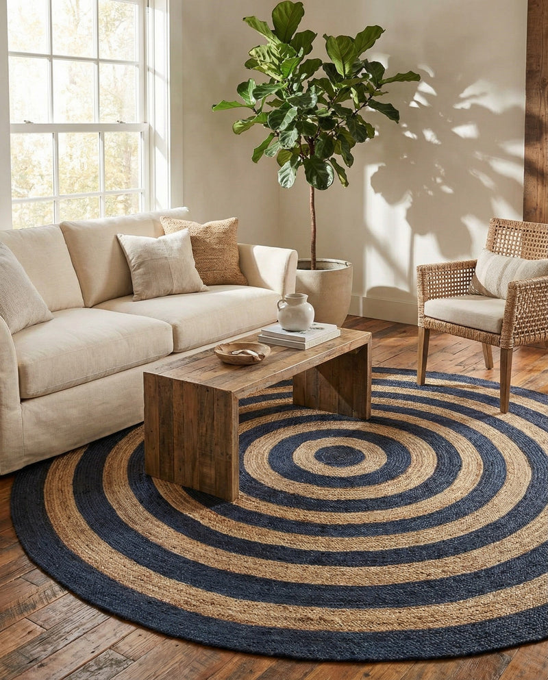 Woven Seaside Jute Collection Area Rug - Nautilus Round Navy Blue Natural  lifestyle 55