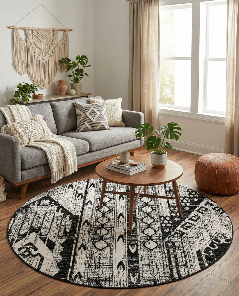 Cascade Range Collection Area Rug - Hood (Black and White) Round Black and White  lifestyle 61