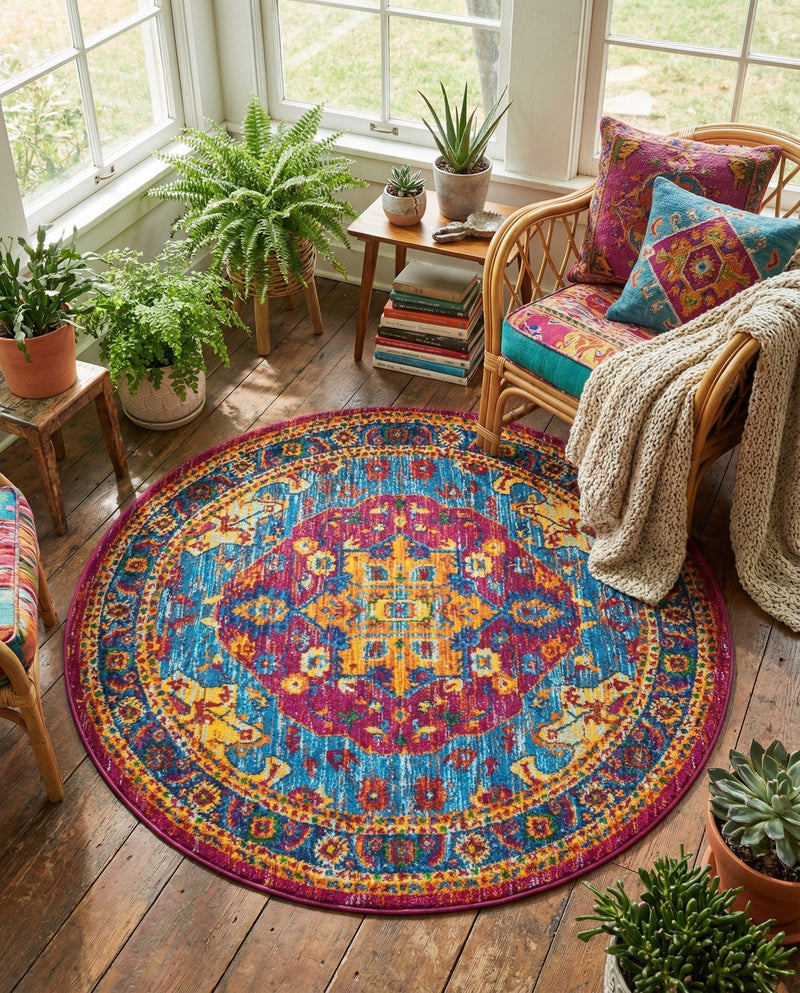 Caribbean Cove Collection Area Rug -  Canouan Round Pink Blue  lifestyle 41