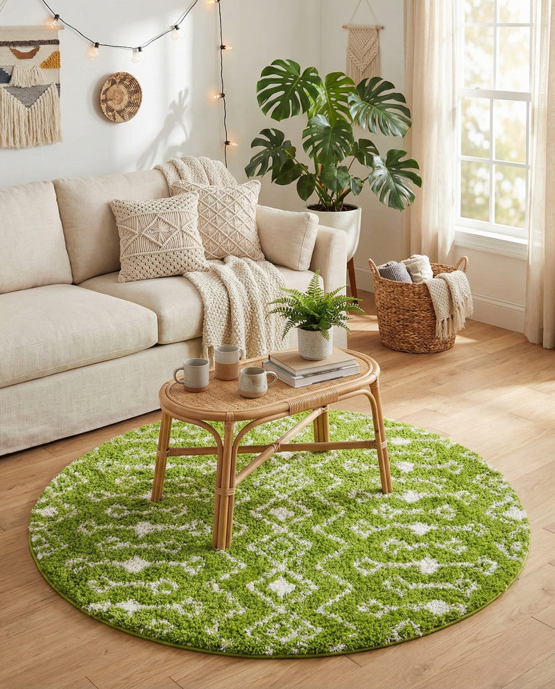 Berber Lattice Shag Collection Area Rug - Atlas (Green) Round Green  lifestyle 67