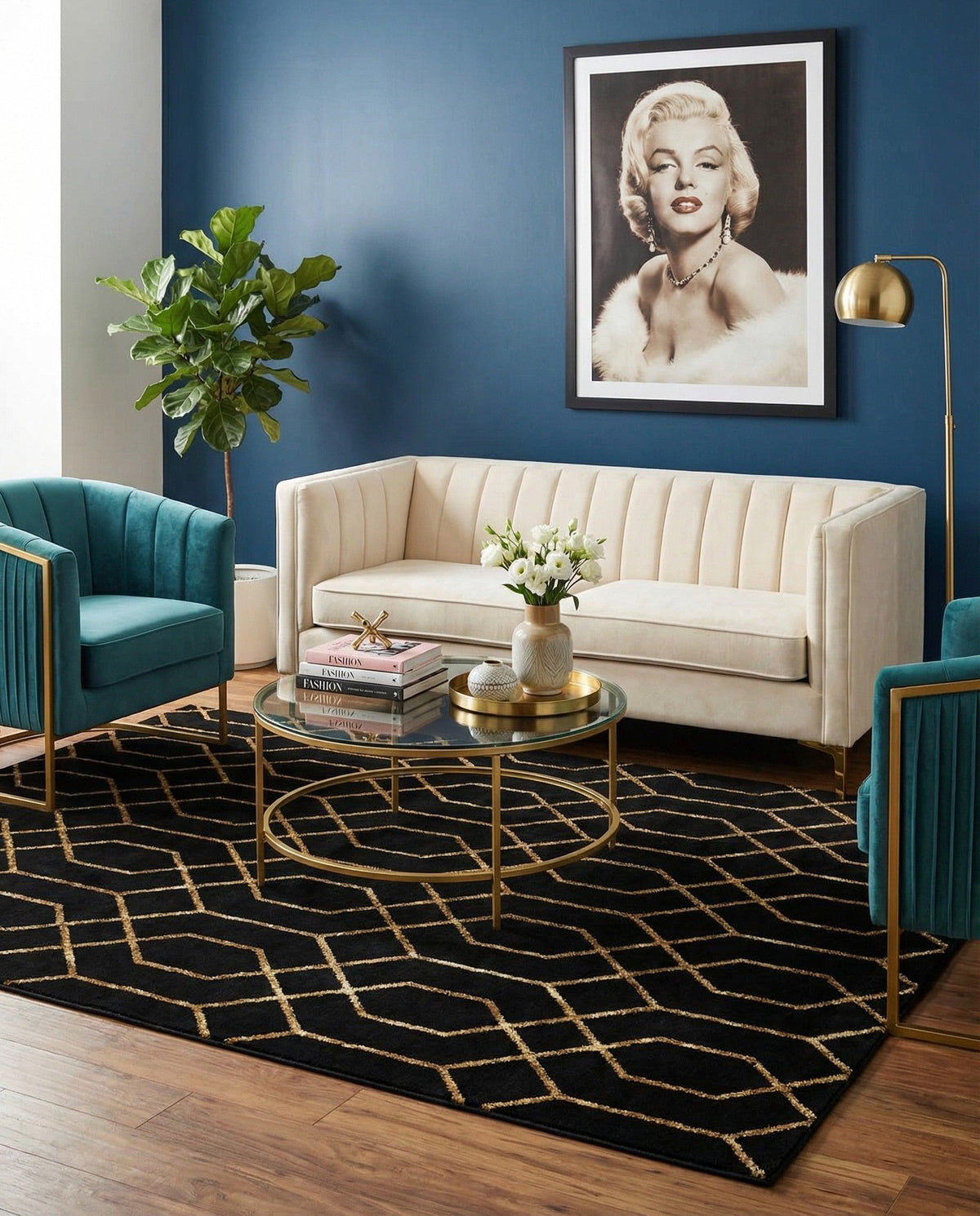 Hollywood Luxe Collection Area Rug - Sunset Rectangle Black and Gold  lifestyle 93