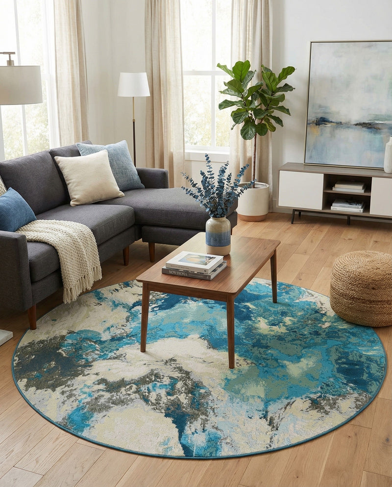 Urban Terrace Collection Area Rug -  Gazebo Round Blue and Ivory  lifestyle 60