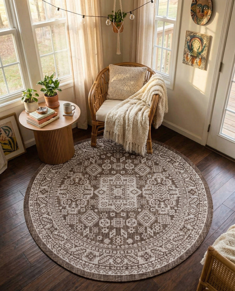 Tribal Terrace Treasures Collection Area Rug -  Incan Isle (Brown) Round Brown  lifestyle 27