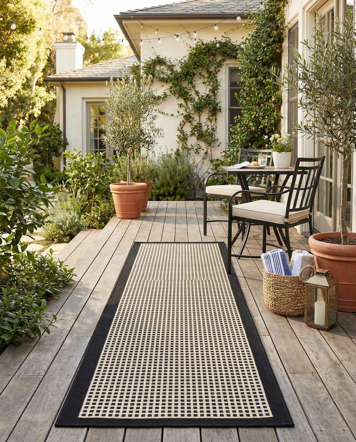 Terrace Fringe Collection Area Rug - Oceanside Runner Black  lifestyle 148
