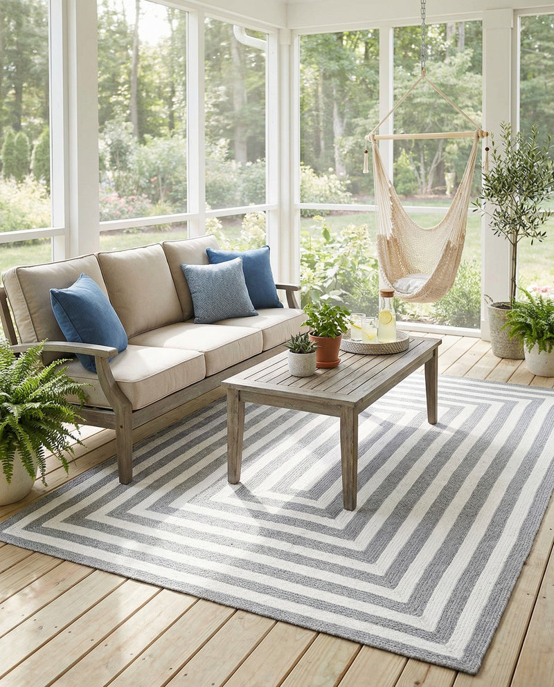 Sustainable Strands Indoor-Outdoor Oasis Collection Area Rug - Harborview Rectangle Gray and White  lifestyle 10