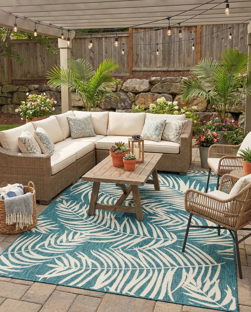 Seaside Blooms Collection Area Rug - Verdure (Teal) Rectangle Teal  lifestyle 17