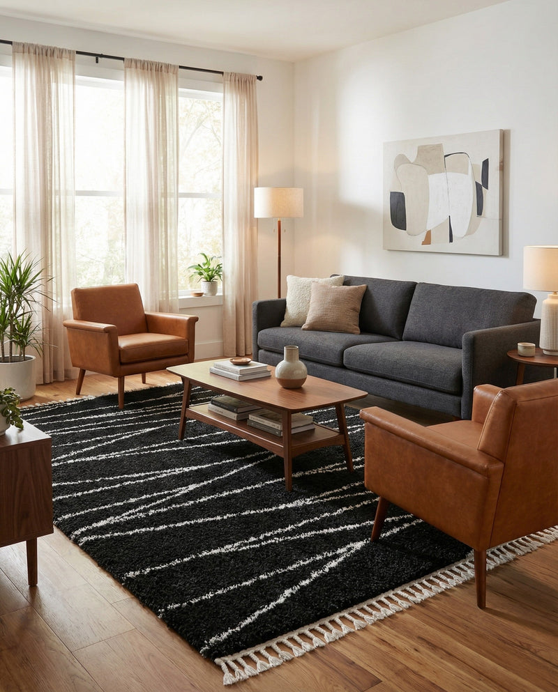 Tranquil Tides Shag Collection Area Rug -  Frost Rectangle Black and White  lifestyle 22