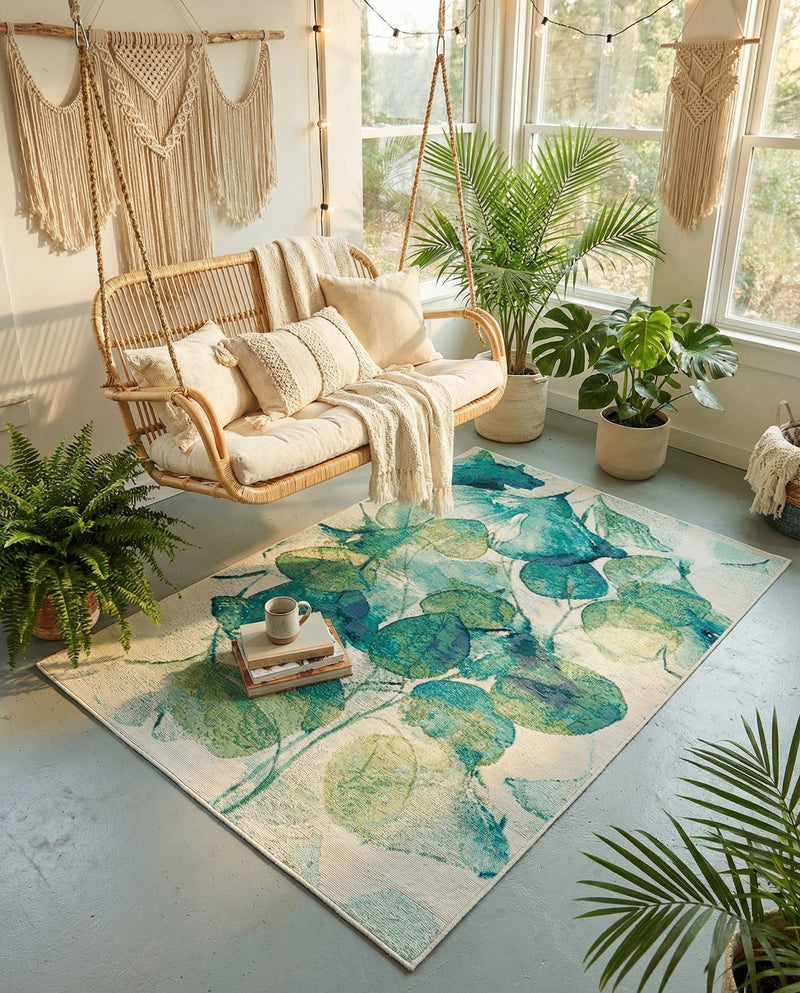 Seaside Blooms Collection Area Rug -  Flora Rectangle Blue Green  lifestyle 16