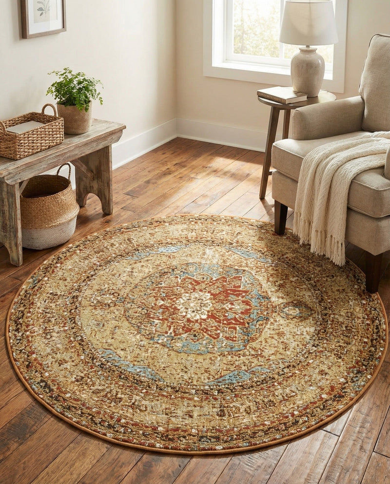 Patio Heritage Collection Area Rug -  Pergola Round Blue and Light Brown  lifestyle 80