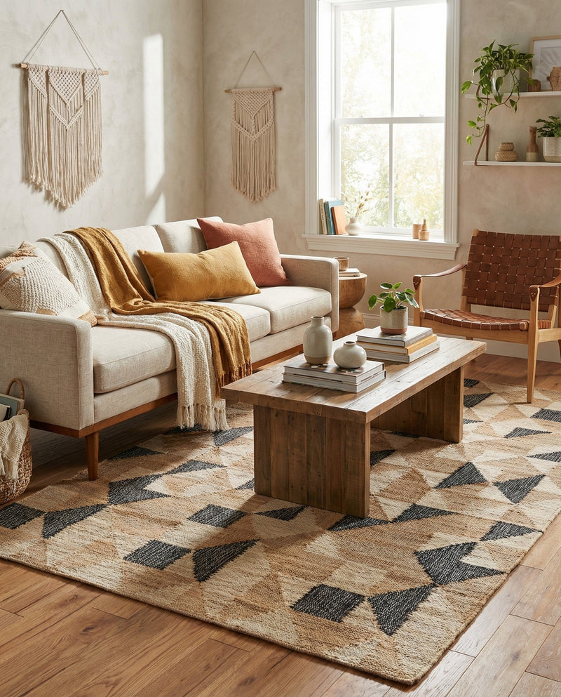 Benares Handwoven Jute Collection Area Rug -  Sarnath Rectangle Beige and Black  lifestyle 7