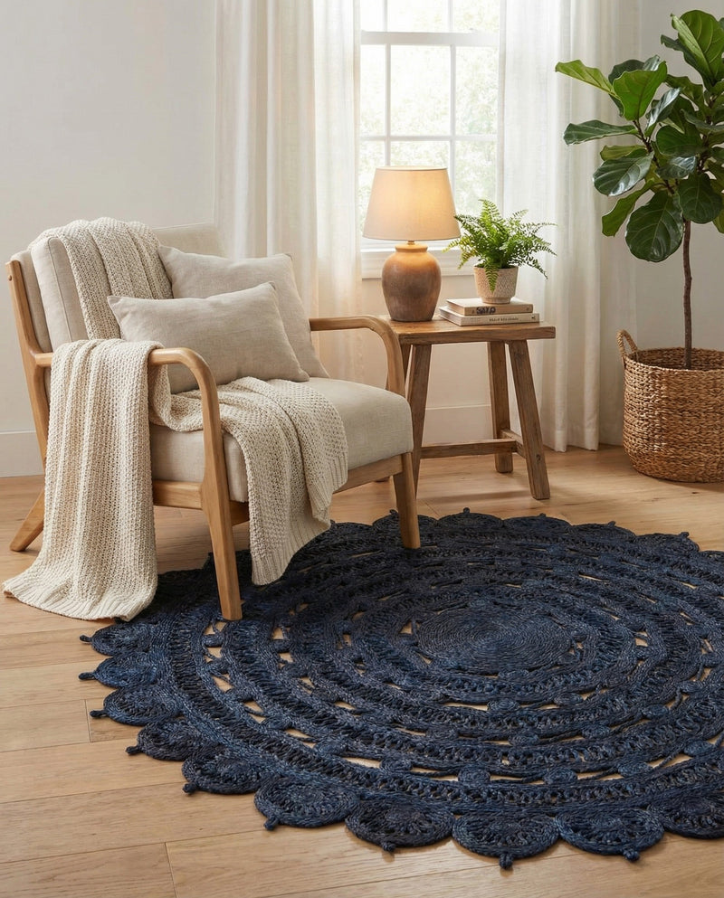 Woven Seaside Jute Collection Area Rug - Coastalhaven (Navy Blue) Round Navy Blue  lifestyle 31