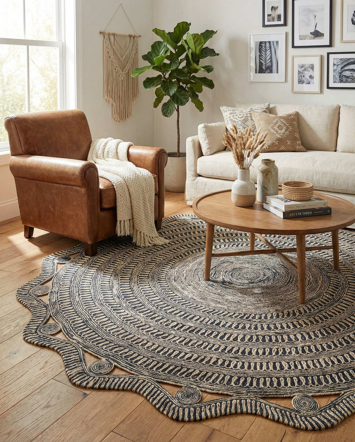 Woven Seaside Jute Collection Area Rug - Nantucket Round Navy and White  lifestyle 34