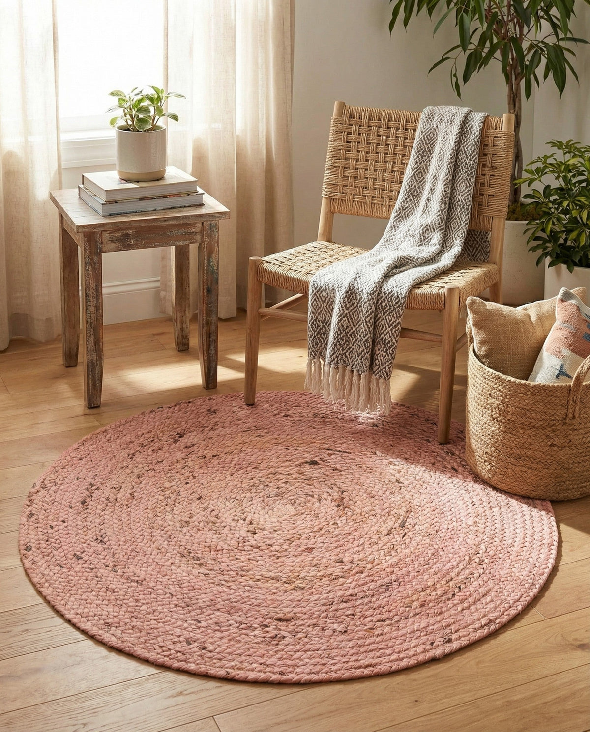 Woven Seaside Jute Collection Area Rug - Savannah (Light Pink) Round Light Pink  lifestyle 84