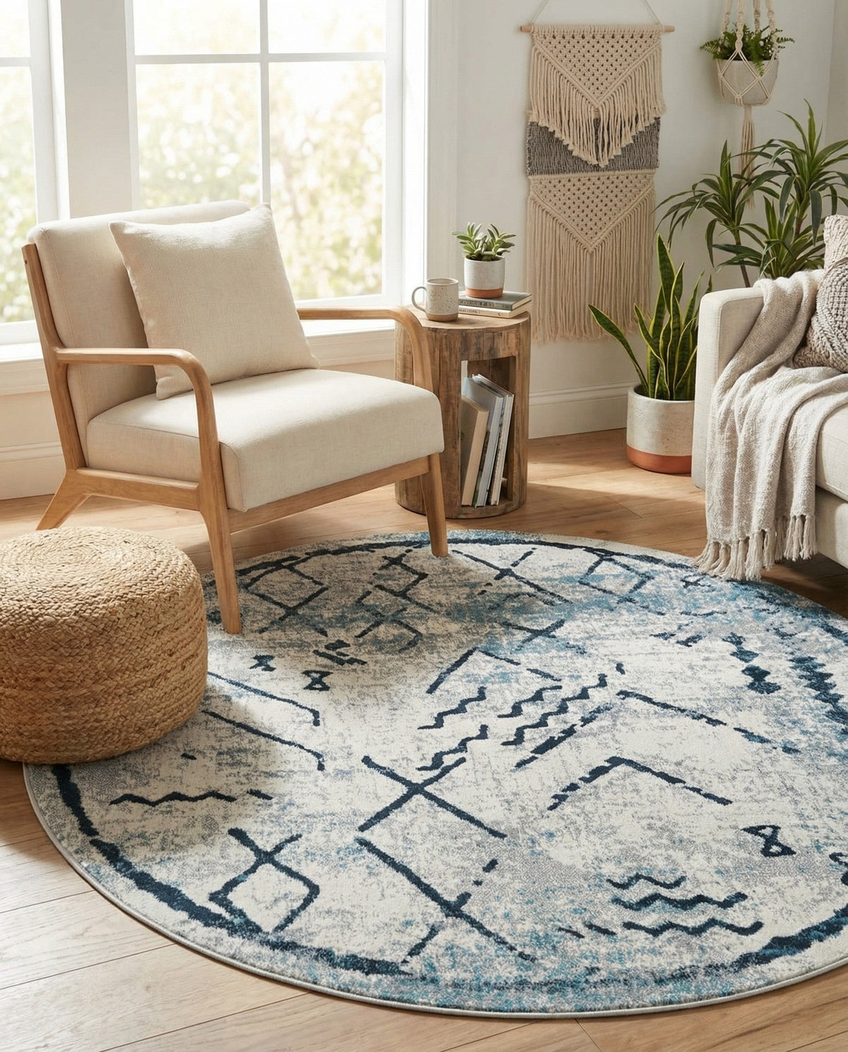 Aegean Elegance Washables Collection Area Rug - Santorini Round Ivory Gray  lifestyle 160