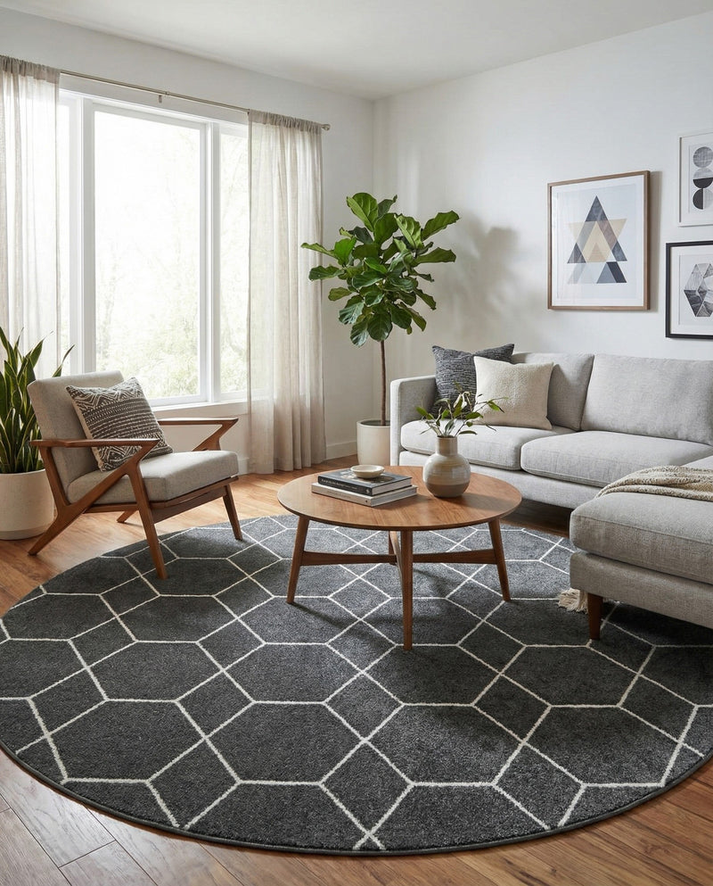 Trellis Mosaic Collection Area Rug - Arborville (Dark Gray) Round Dark Gray  lifestyle 66
