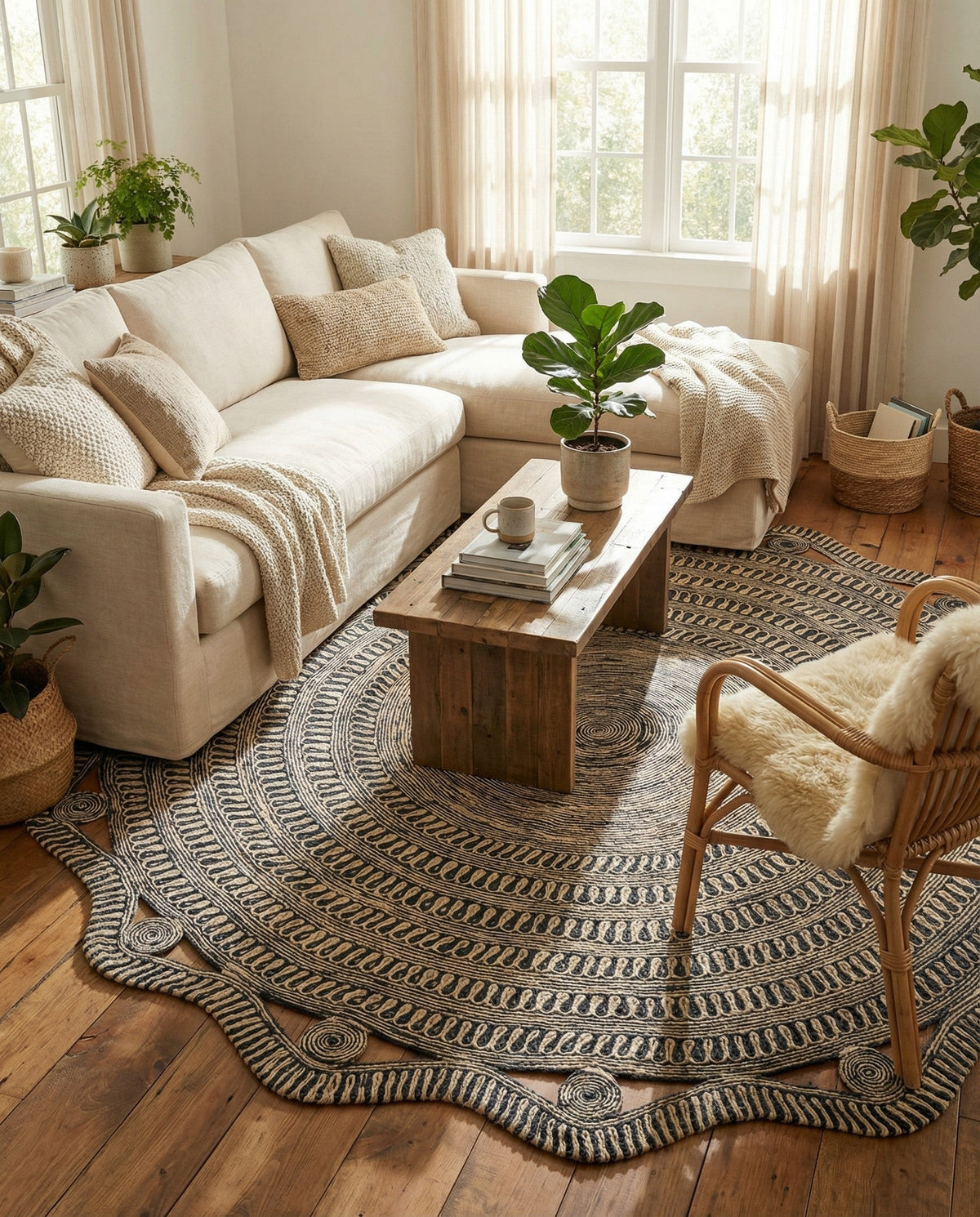 Woven Seaside Jute Collection Area Rug - Nantucket Round Navy and White  lifestyle 90