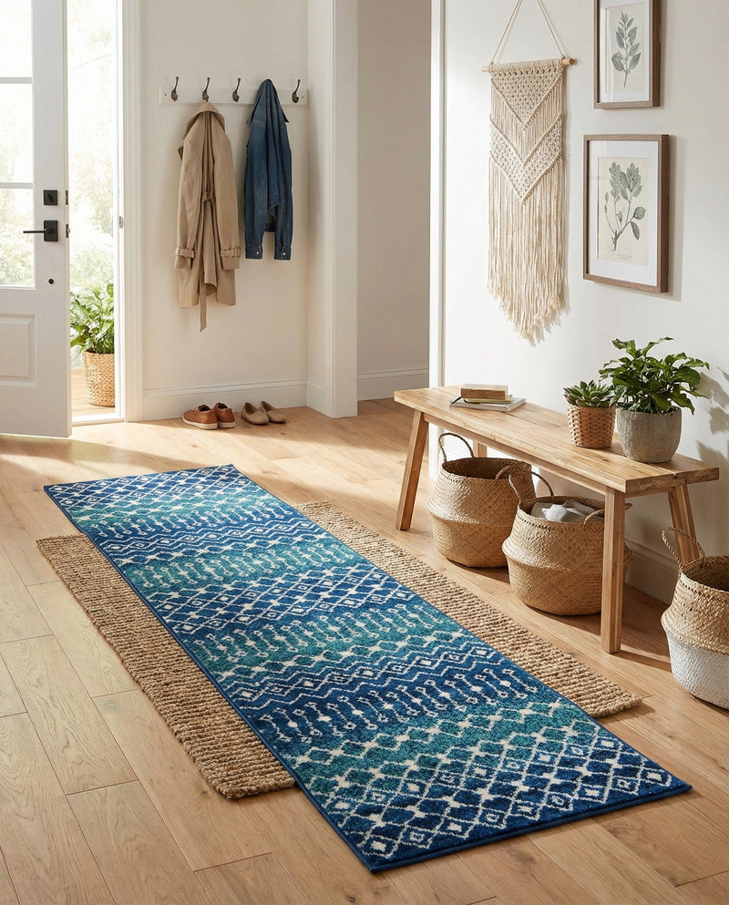 Mediterranean Lattice Collection Area Rug - Santorini (Navy and Teal) Runner Navy and Teal  lifestyle 50