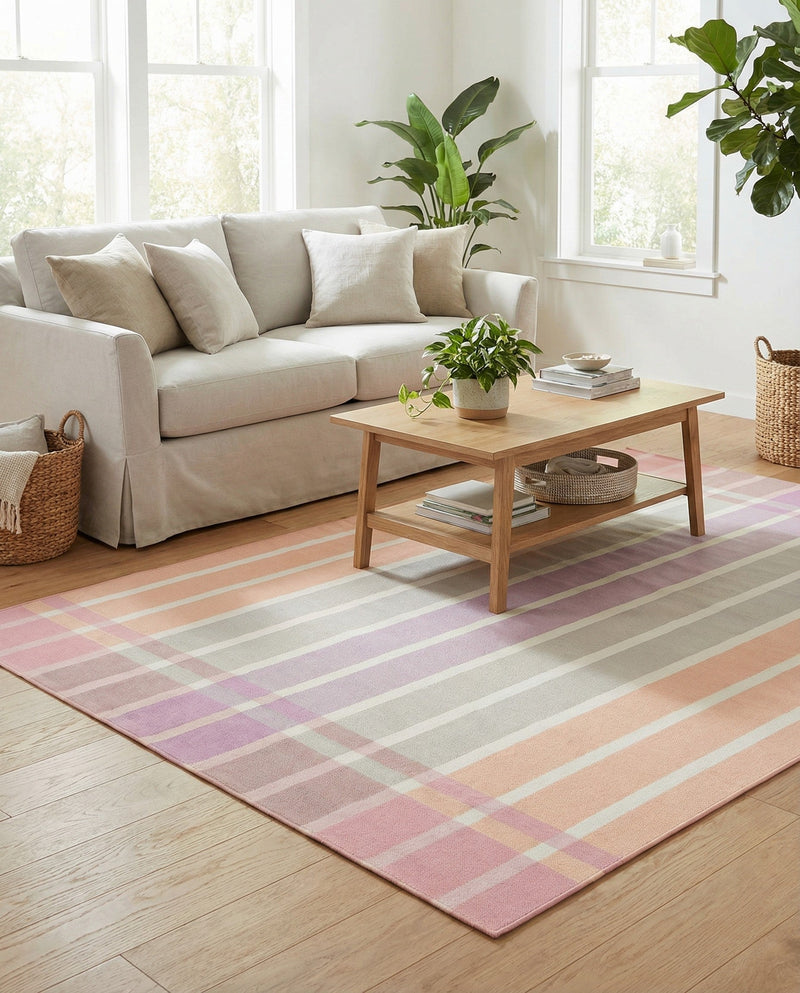Seaside Stripes Collection Area Rug -  Coral Rectangle Pink and Lavender  lifestyle 56