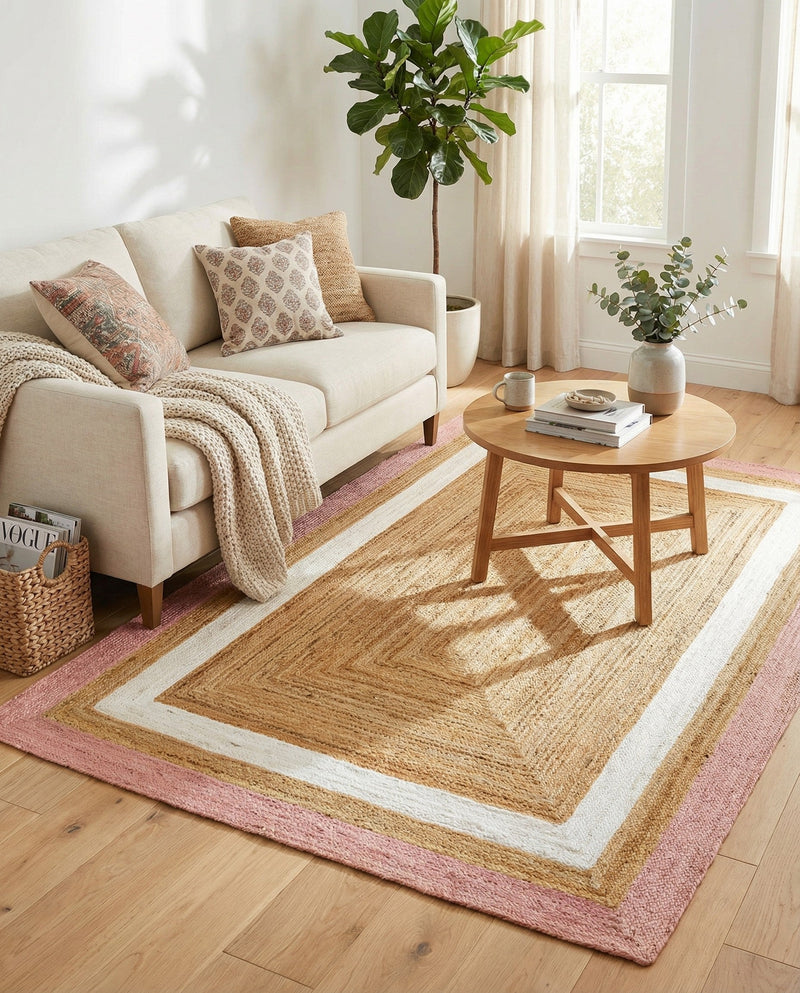 Woven Seaside Jute Collection Area Rug - Nantucket Rectangle Pink White Natural  lifestyle 25
