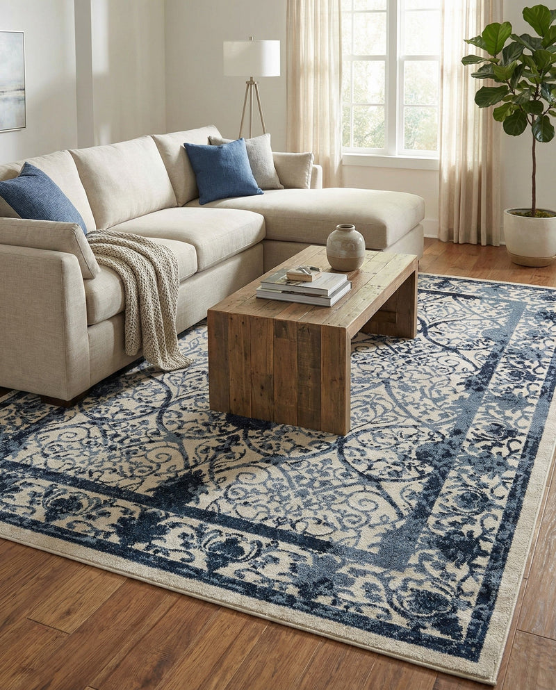 Horizon Collection Area Rug -  Sierra Rectangle Ivory and Blue  lifestyle 38