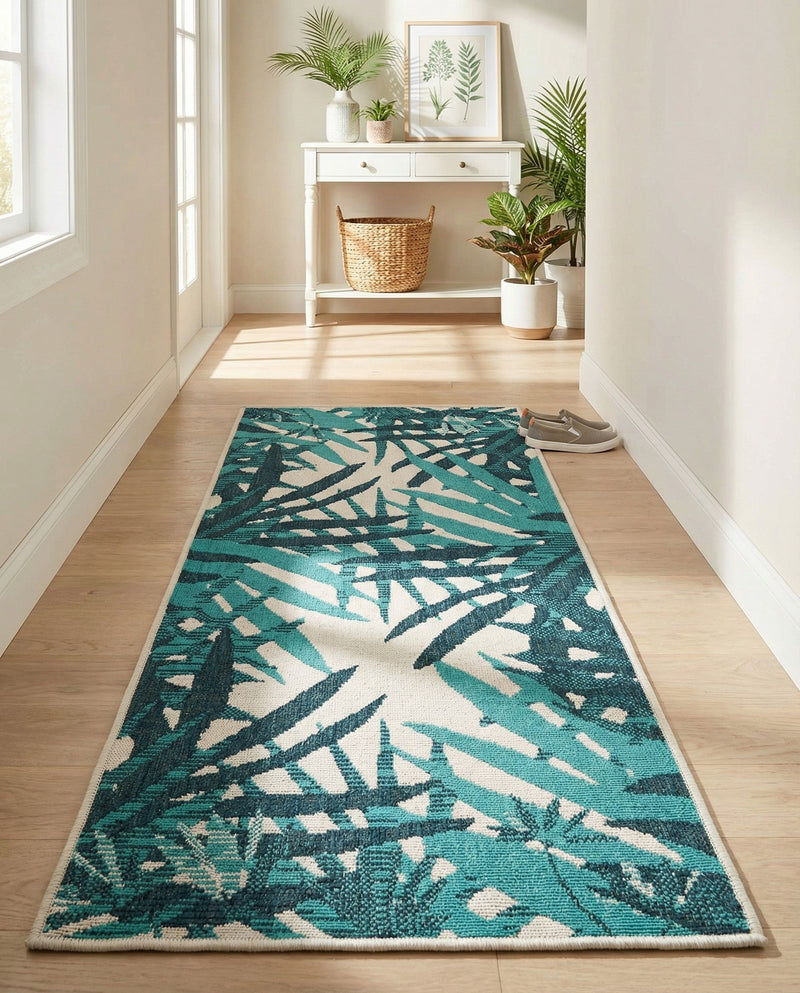 Seaside Blooms Collection Area Rug -  Provence Runner Teal blue  lifestyle 56