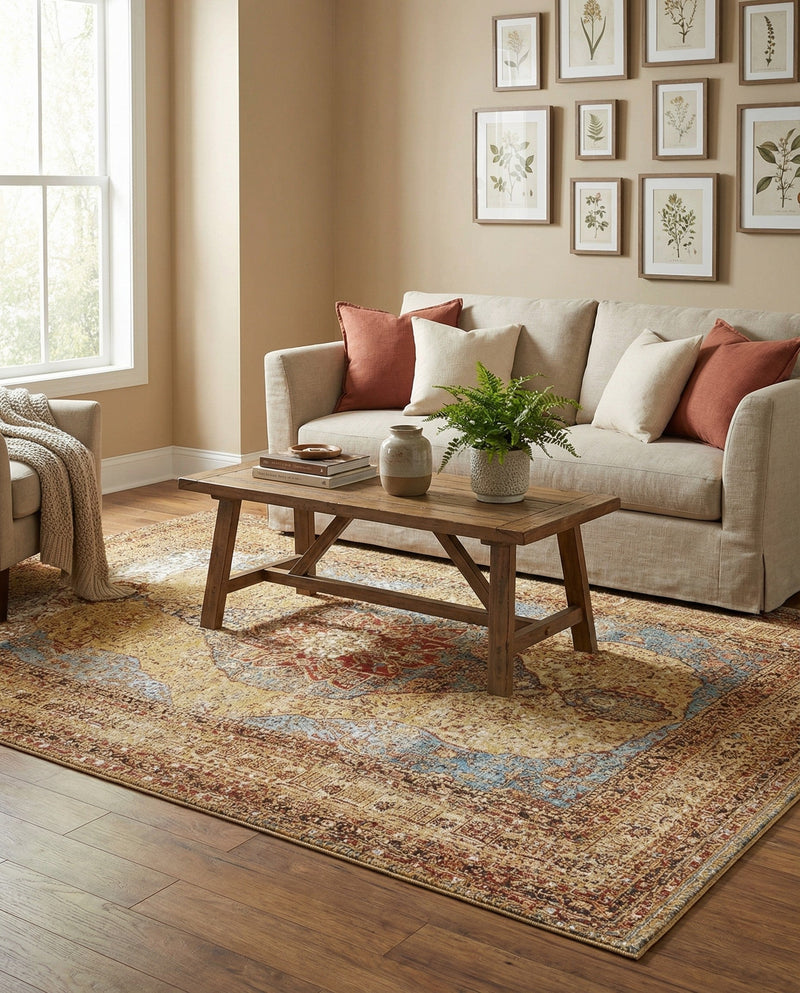 Patio Heritage Collection Area Rug -  Pergola Rectangle Blue and Light Brown  lifestyle 27