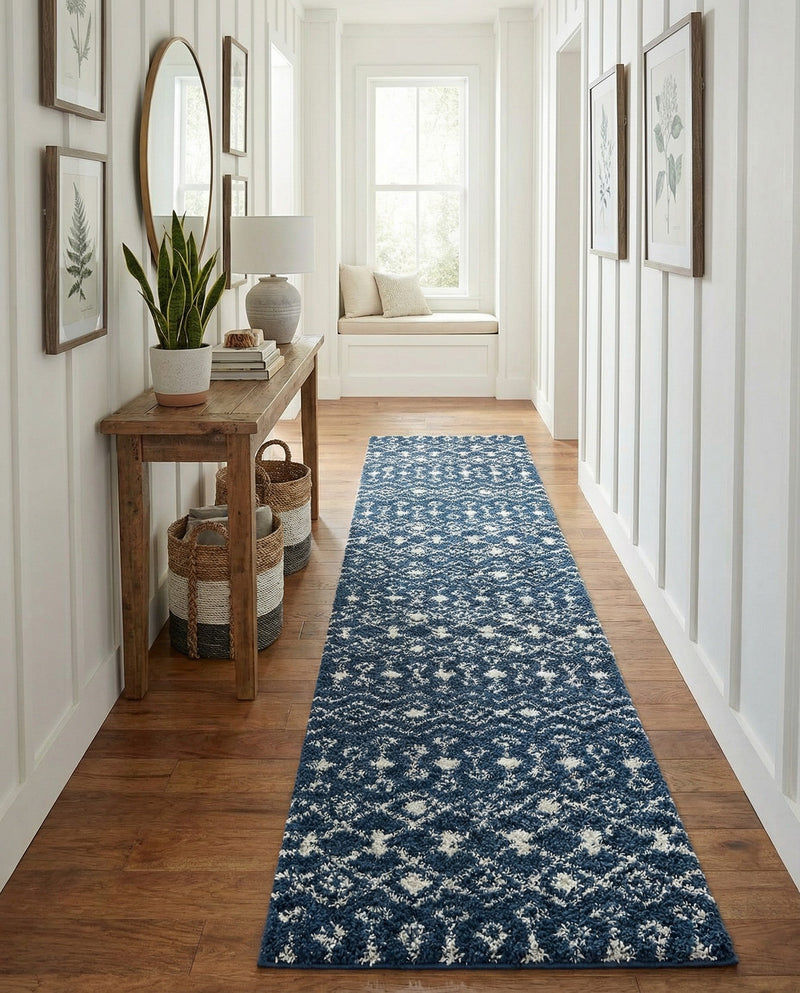 Berber Lattice Shag Collection Area Rug - Atlas (Navy Blue) Runner Navy Blue  lifestyle 40