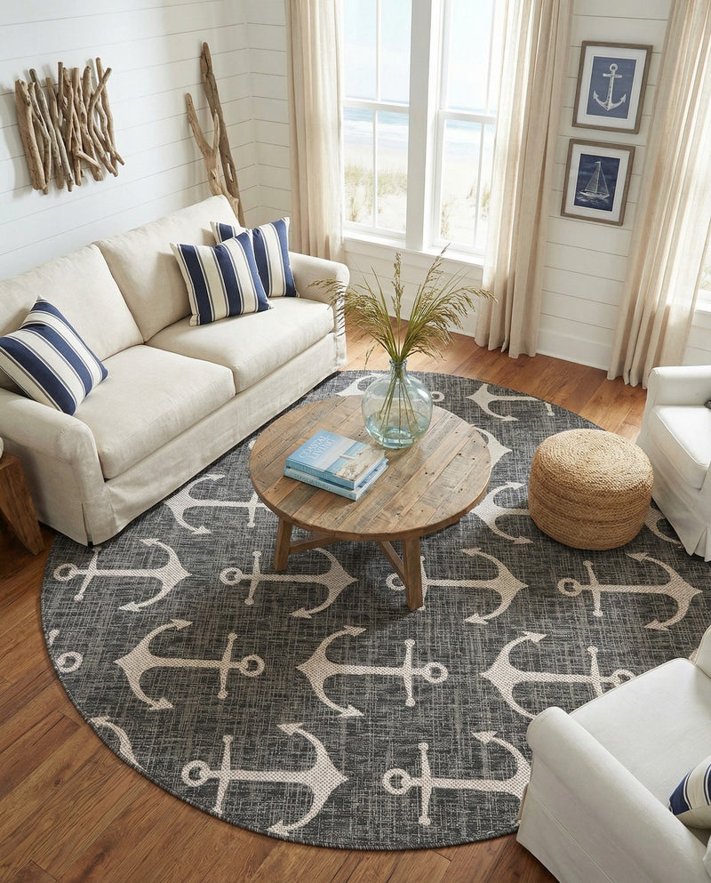 Seaside Haven Rugs Collection Area Rug - Sapphire (Charcoal) Round Charcoal  lifestyle 29