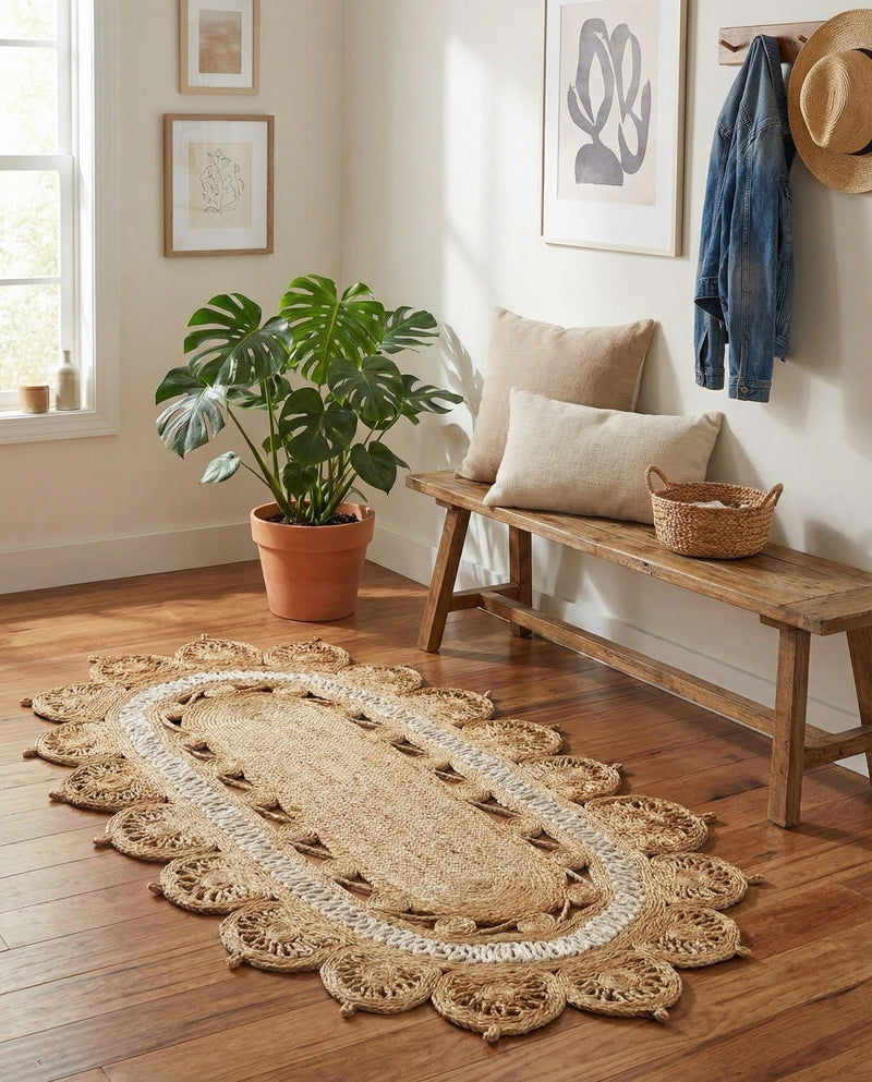 Woven Seaside Jute Collection Area Rug - Coastalhaven (Natural and White) Oval Natural and White  lifestyle 15