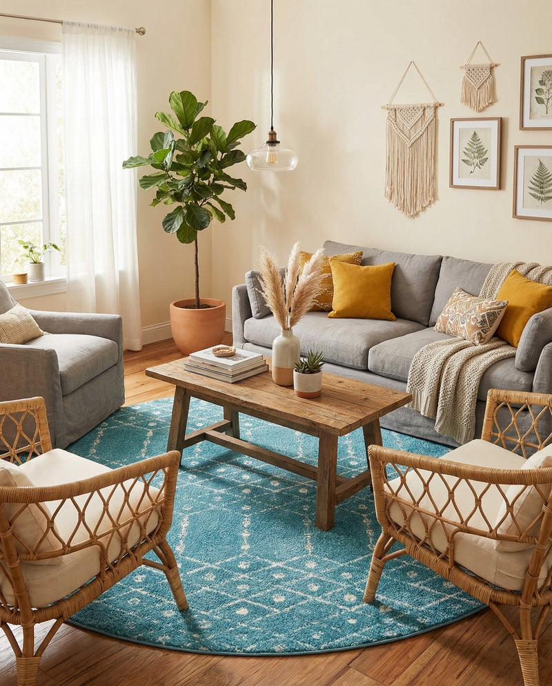Marrakesh Lattice Collection Area Rug - Casablanca (Teal blue) Round Teal blue  lifestyle 40