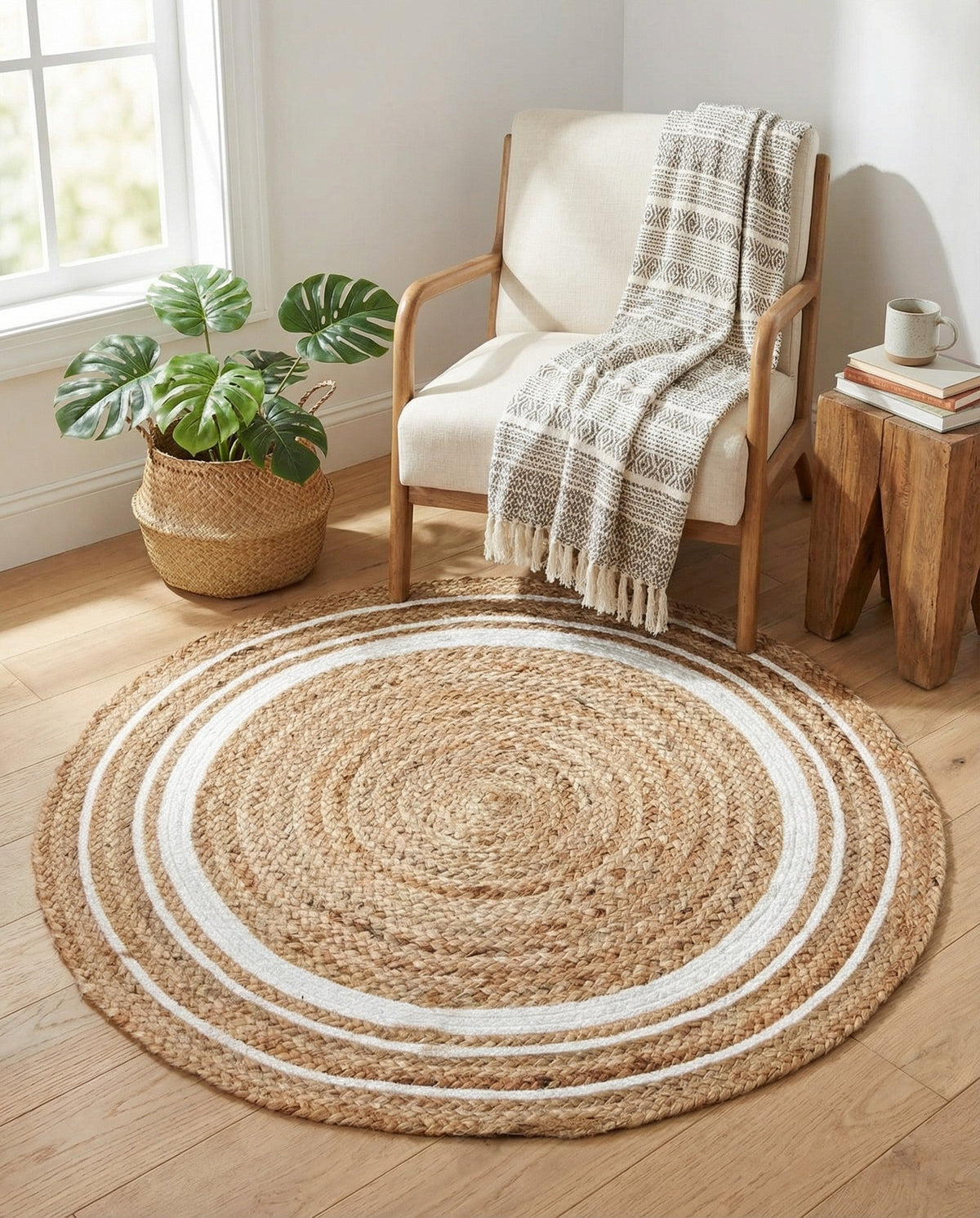 Woven Seaside Jute Collection Area Rug - Nantucket Round Natural and White  lifestyle 101
