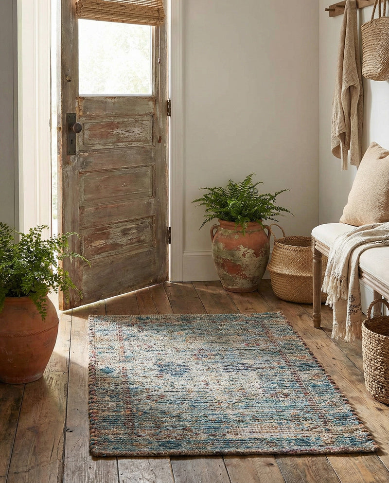 Savannah Threads Collection Area Rug - Tybee Rectangle Teal blue  lifestyle 11