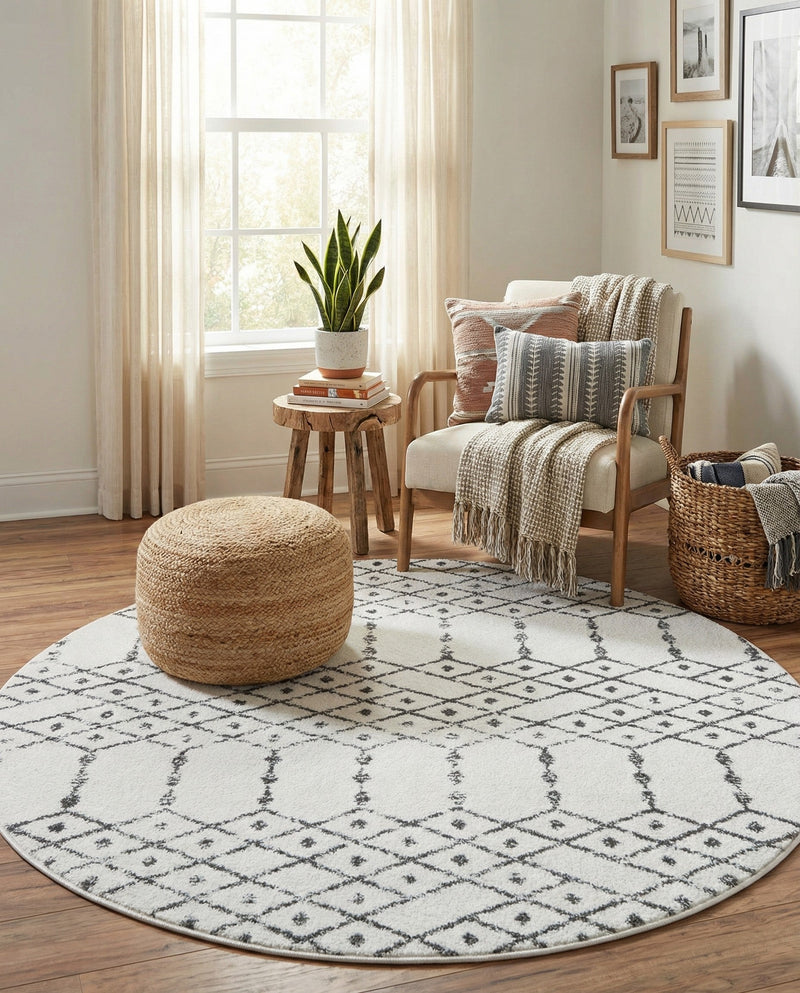 Marrakesh Lattice Collection Area Rug - Casablanca (Ivory Black) Round Ivory Black  lifestyle 78