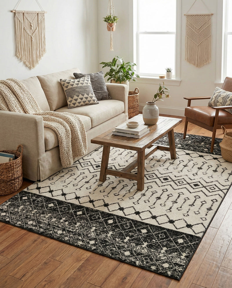 Mediterranean Lattice Collection Area Rug -  Casablanca (Black and White) Rectangle Black and White  lifestyle 13