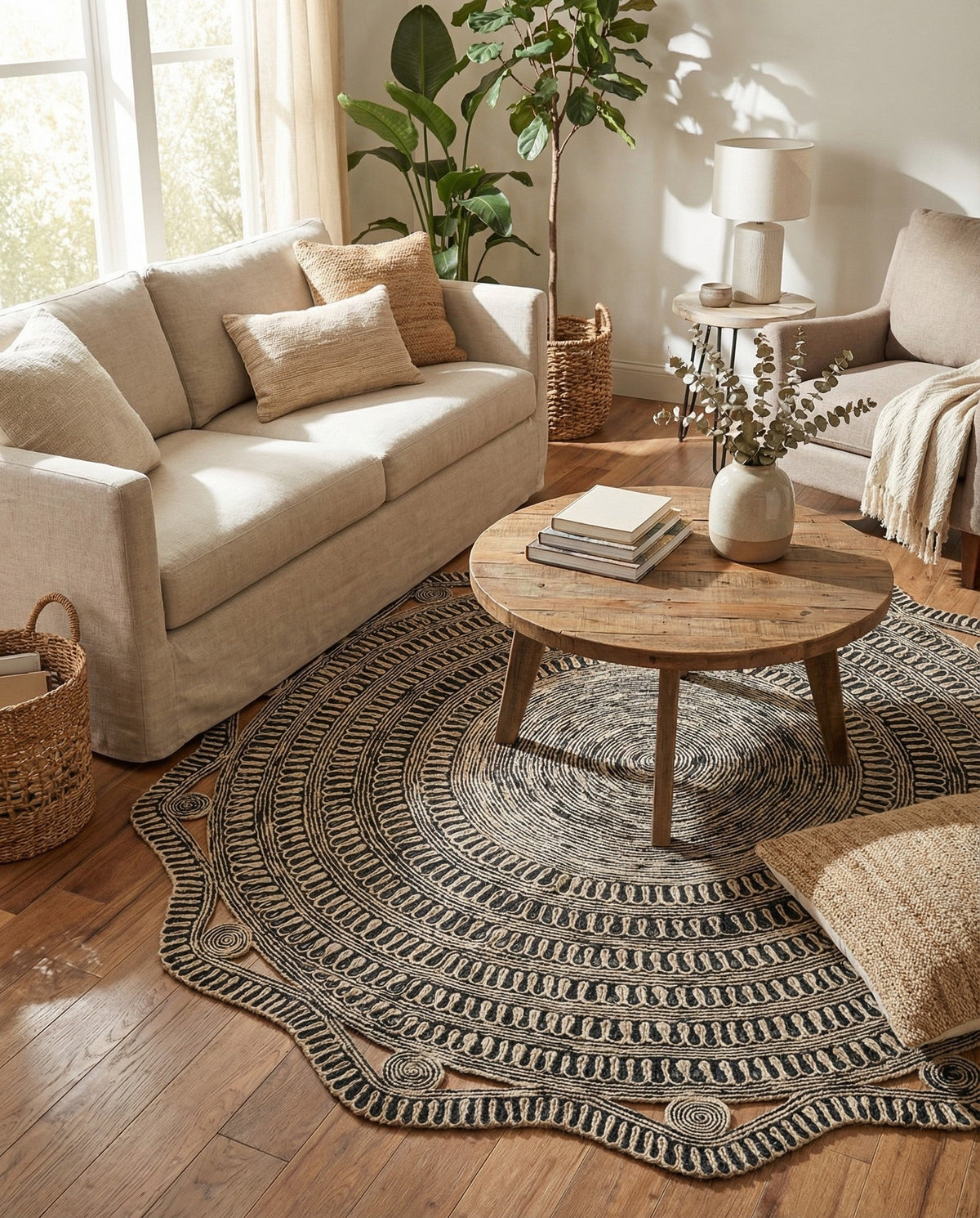 Woven Seaside Jute Collection Area Rug - Nantucket Round Black and White  lifestyle 55